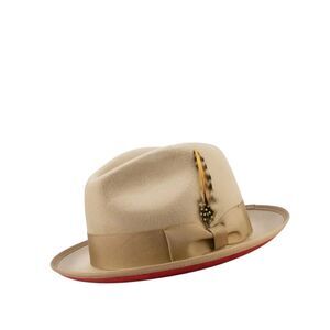 MONTIQUE MENS TAN MATCHING GROSGRAIN RIBBON RED BOTTOM WOOL FELT DRESS HAT H75